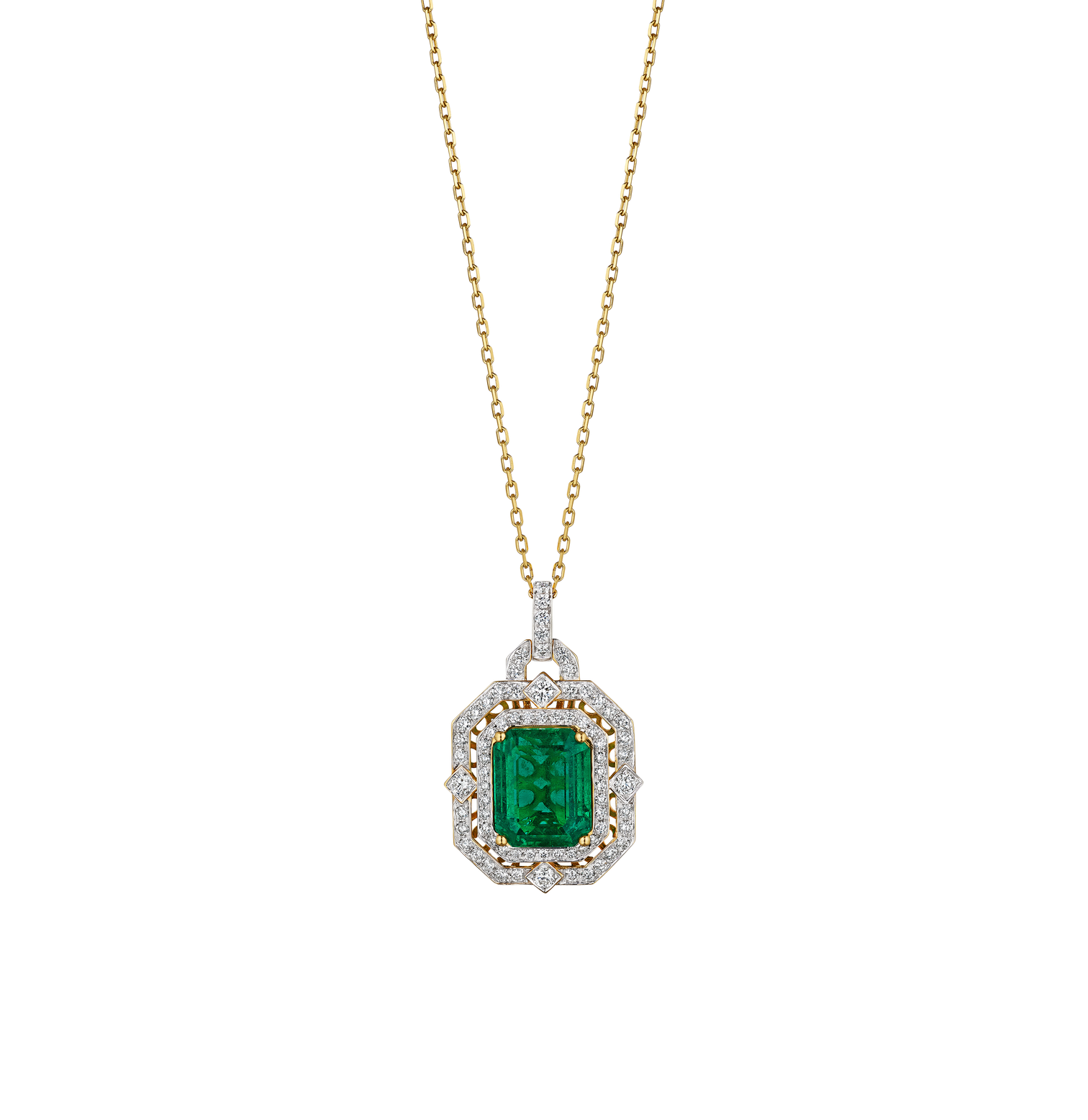 Sabel Collection Octagon Emerald and Diamond Double Halo Pendant